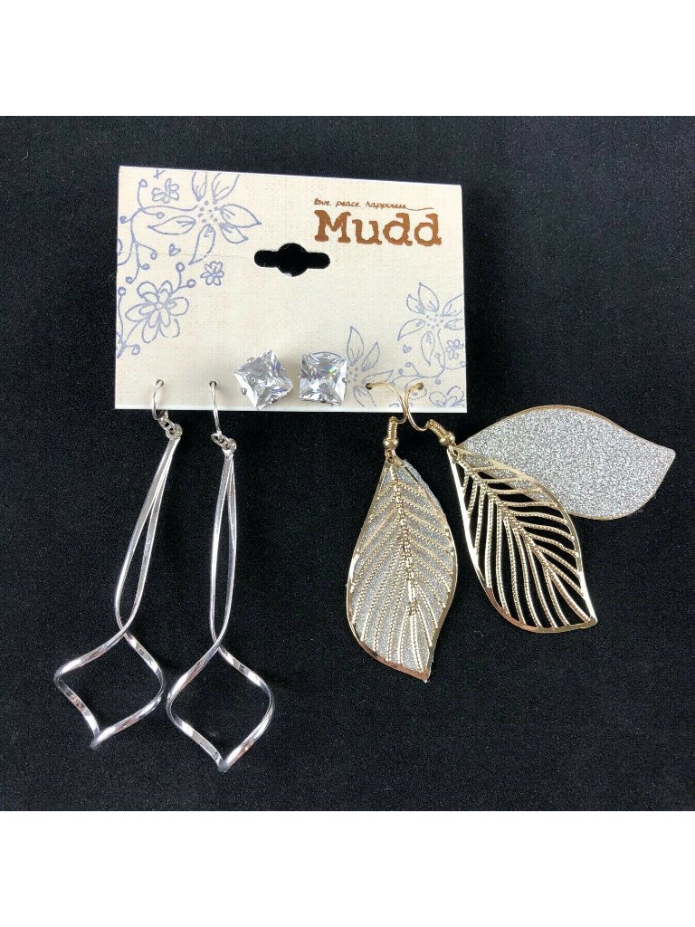 Mudd Stud Earrings Set 3 Pairs Gold & Silver-Tone Studs And Dangles Leaves